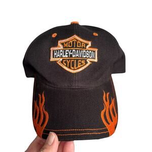 Harley Davidson Motorcycles Black Orange Flame Adjustable Hat Cap Velcro Back OS